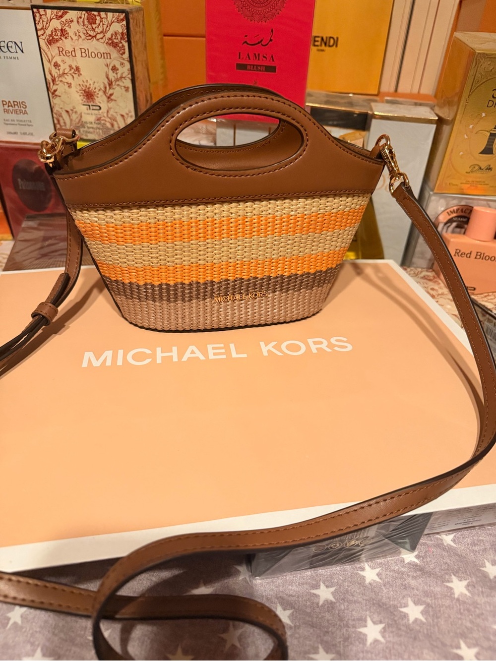 Michael Kors Brown Woven Crossbody with Yellow and Tan Stripes